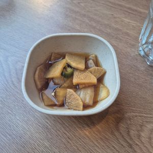 Pickled radish which you get with your meal at Namu Korean Kitchen in Glasgow