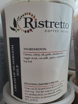 Vegan take-home Mushroom soup (there is a variety of take-home vegan soups) at Ristretto Coffee House in Prince George