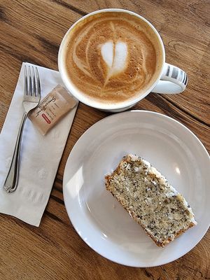 Vegan lemon loaf and plant milk latte at Ristretto Coffee House in Prince George