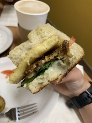 Breakfast sandwich on foccacia  at Ristretto Coffee House in Prince George