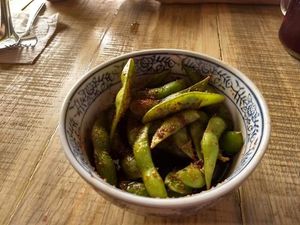 Super delicious edamame with spicy tamarind sauce at Thai Thai in Monterrey