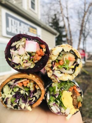 Unique Rice Paper Rolls, you can say salad wraps ,with deferent types of vegetables and flavors, served with dips.  at Jules' Kitchen in Ipswich