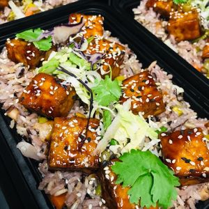 Teriyaki tofu rice dinner to go   at Jules' Kitchen in Ipswich