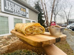 Savory strudel with gravy   at Jules' Kitchen in Ipswich