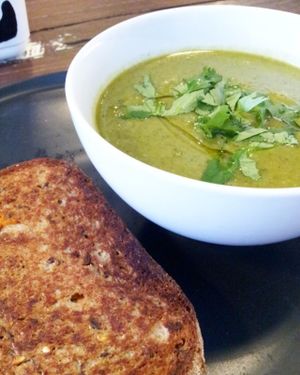 Vegan greens soup with vegan cheese toastie at Source Foods in Perth