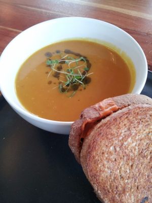 Vegan spiced sweet potato soup and vegan cheese toastie at Source Foods in Perth