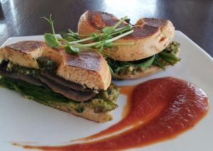 Vegan bagel with mushrooms, spinach, vegan 'fetta' and basil pesto at Source Foods in Perth