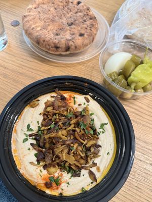  Vegan shawarma hummus and the fluffiest fresh pitta bread  at Hummus Yummy in Valley Village
