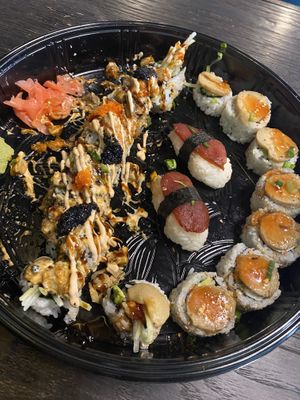 left to right: volcano roll, toona nigiri, royale roll.  at House of Vegano in St Petersburg