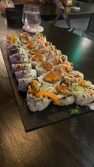 Sweet potato roll, royale roll, spicy toonA  at House of Vegano in St Petersburg