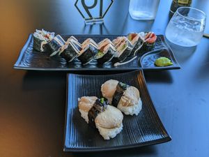Spicy toona roll and scallop truffle nigiri at House of Vegano in St Petersburg
