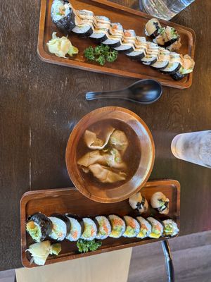 Spicy crab roll, wonton soup, sweet potato summer roll  at House of Vegano in St Petersburg