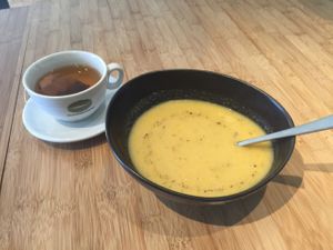 soup of the day was tasty , but salads were not fresh at Botaniq in Copenhagen