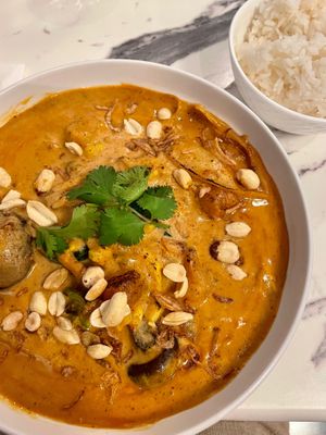 Vegan Massaman Curry with jasmine rice  at Pomelo in New Orleans