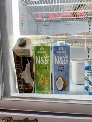 Local plant based milks oat, coconut and almond  at Fresh Juice in Dahab