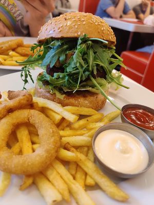 Beyond Meat burger. Fries and sauces are included! at Intergalactic Diner in Belgrade