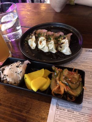 Gyoza. and mixed pickles   at Bonsai Plant Kitchen in Brighton