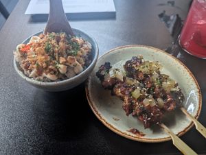 Dirty rice and "chicken" skewers at Bonsai Plant Kitchen in Brighton