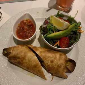 Piquant Burrito with pico de gallo and salad (3.890 Ft) at Menza in Budapest