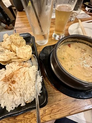 SOTO - vegan coconut broth, Indonesian spices, potatoes, lemongrass, belinjo crackers, sambal, jasmine rice & tofu  at Hopstix in Chamblee