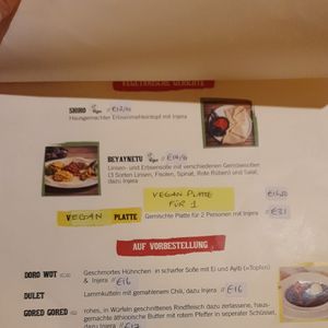 Vegan section of the menu at Cafe Lalibela in Vienna