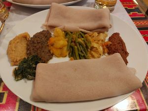 Vegan platter for one, with extra injera bread at Cafe Lalibela in Vienna