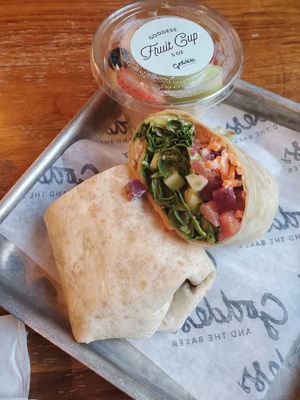 Goddess wrap: hummus, avocado,, cucumber, carrot, tomato, beets arugula, Goddess dressing at Goddess And The Baker in Chicago