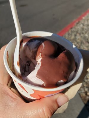 Kid scoop vegan coconut chunk with vegan chocolate hard shell topping at Molly Moon's Homemade Ice Cream in Seattle
