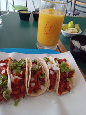 Tacos al pastor & jugo de naranja 1/2 L $39. /
Tacos al pastor & orange juice 1/2 L $39 MXN at El Taco Loco Vegano in San Andres Cholula