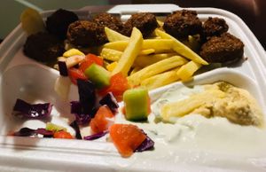 A meal with fries and hummus at Hanan Shawarma Jerusalim in Belgrade