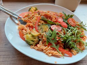 (image from January 2024, dish no longer on menu but may still be veganized)

Pasta Romesco - Fresh pasta with Spanish vegetable sauce (10.90€) at Olive Fulda in Fulda