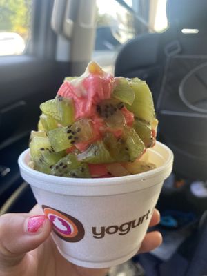 Pom Pom Pineapple 🌱 Swirl w/Kiwi • Summer in October🎃  at Yogurt Mill in Modesto