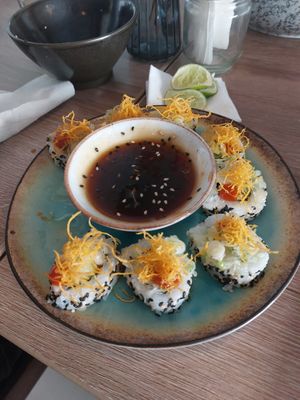 Delicious sweet potato roll (can't remember the name) minus one delicious piece. at Asianica in Lima