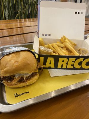 Truffle burger with fries & honey mustard sauce  at La ReContra in Lima