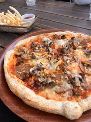 Chips and ‘meat’ lovers pizza   at Burdekin Hotel in Darlinghurst