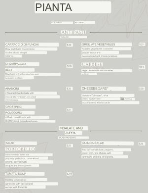 Google translated menu as of April 2022, page 1  at Pianta in Bogota