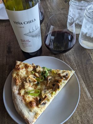 Mushroom pizza and organic wine at Birch & Bear Pizza in Edmonton