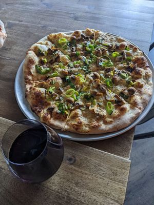 Mushroom pizza with vegan cheese substitute at Birch & Bear Pizza in Edmonton