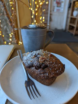 Decadent muffin and cool tea  at Cafe Mosaics in Edmonton