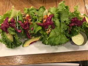 Toona Wraps with green leaf wrapper. Yummy!! at Cafe Mosaics in Edmonton