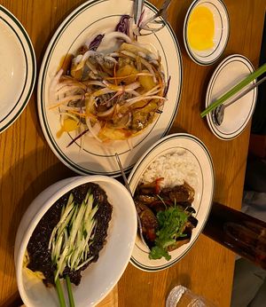 Jajjangmyeon, tangsooyook and fried eggplant rice  at Alt.a in Seoul