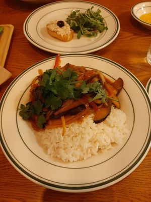 Stir-fried aubergine on rice & tuna on bread appetizer at Alt.a in Seoul