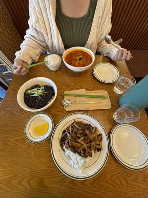 Spicy mushroom soup (top), black bean veef noodle (left) and fried eggplant rice with veef (bottom)   at Alt.a in Seoul