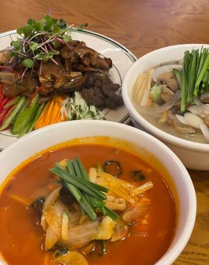 Spicy mushroom jjambbong, white jjambbong, and kabi vegetable  at Alt.a in Seoul