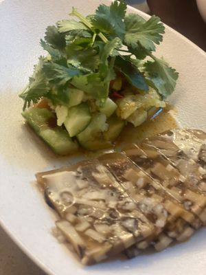 Test menu, mushroom pudding with cucumber salad  at Alt.a in Seoul
