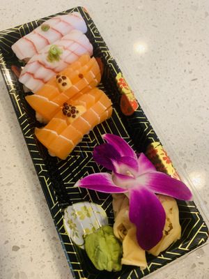 Yellowtail and salmons nigiri at The Plant Lab in Los Angeles
