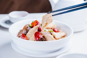 Steamed Vegan Heura Chicken with mushroom and dates at Trusty Congee King 靠得住 in Kowloon