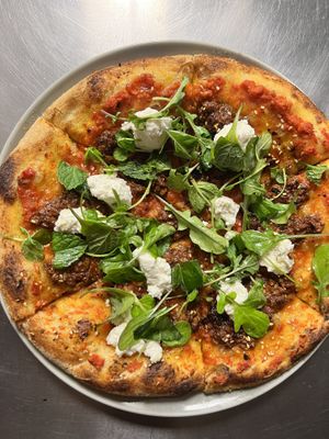 Soy chorizo vegan pizza   at Olivia Restaurant in Los Angeles