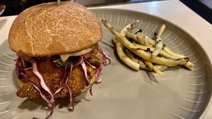 Fried chicken sandwich (mushroom) tastes amazing!   at Olivia Restaurant in Los Angeles