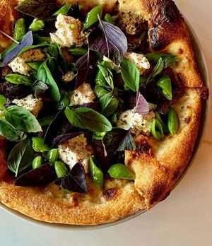 Organic Snap pea pizza.    at Olivia Restaurant in Los Angeles